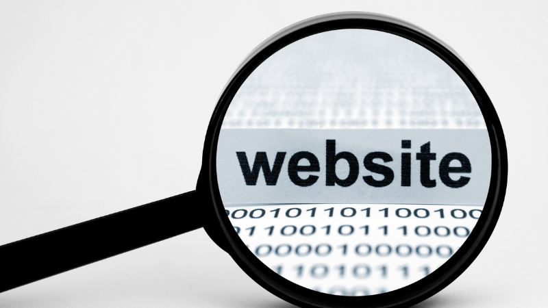 A magnifying glass focused on the word "website" over binary code, symbolizing the importance of guest posting on high-authority sites — a key content seeding tactic used by Clicks Gorill, top SEO company in Kolkata.