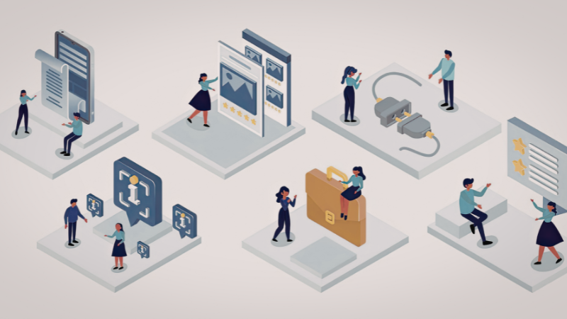 An isometric graphic showing people engaging across multiple digital platforms and devices, representing Clicks Gorill's content repurposing strategy to maximize reach and SEO impact across channels.