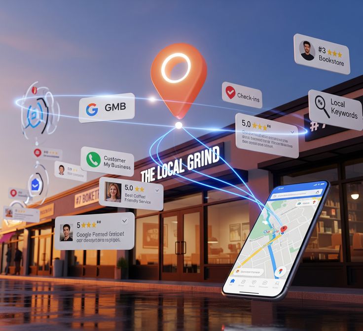 A 3D sunset scene visualizing Local SEO Services India, connecting customers to "The Local Grind" via maps, reviews, and digital markers.